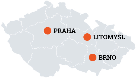 Mapa působnosti - Praha, Brno, Litomyšl
